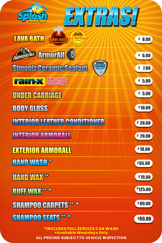 Car Wash Menu Extras